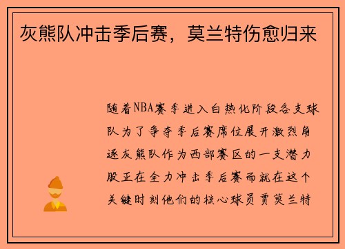 灰熊队冲击季后赛，莫兰特伤愈归来